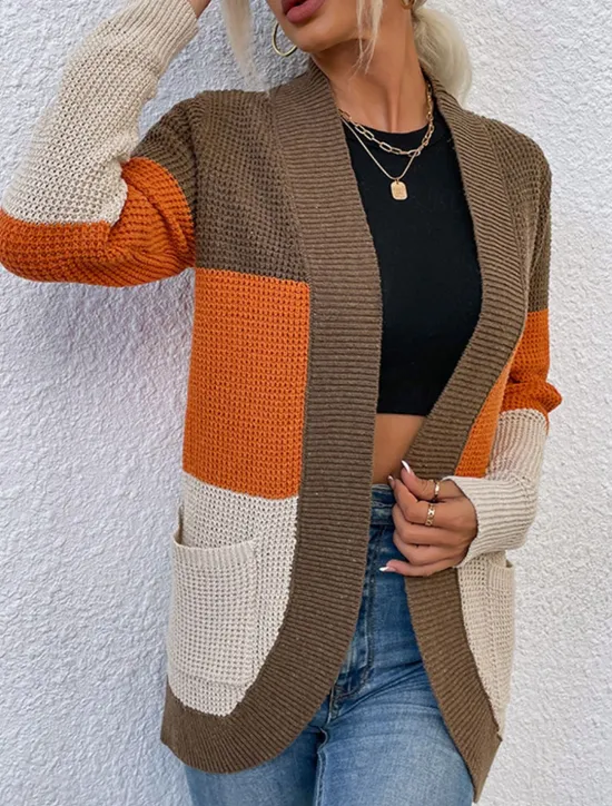 Best Women's Sweater Cardigan Casual Soft Color Block Ribbed Open Front Pocket Knitted Long Sleeve Regular Tops Knit Outdoor Daily Weekend Blue Khaki Fall Winter Women Cardigans & Outerwears