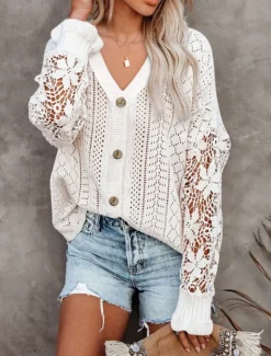 New Women's Sweater Cardigan Casual Soft Pure Color Ribbed V Neck Buttons Knitted Hole Long Sleeve Regular Tops Knit Outdoor Daily Weekend Black White Fall Winter Women Cardigans & Outerwears