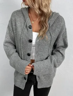Outlet Women's Sweater Cardigan Casual Soft Pure Color Ribbed Hooded Buttons Knitted Long Sleeve Regular Tops Knit Outdoor Daily Weekend Black White Fall Winter Women Cardigans & Outerwears