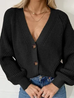 Outlet Women's Sweater Cardigan Casual Soft Pure Color Ribbed V Neck Buttons Knitted Long Sleeve Regular Tops Knit Outdoor Daily Weekend Black Khaki Fall Winter Women Cardigans & Outerwears|Pullovers & Tops