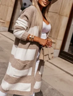 Women's Sweater Cardigan Casual Soft Striped Ribbed Open Front Pocket Knitted Long Sleeve Regular Tops Knit Outdoor Daily Weekend Blue Khaki Fall Winter Women Hoodies & Sweatshirts|Cardigans & Outerwears