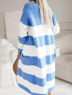 Women's Sweater Cardigan Casual Soft Striped Ribbed Open Front Pocket Knitted Long Sleeve Regular Tops Knit Outdoor Daily Weekend Blue Khaki Fall Winter Women Hoodies & Sweatshirts|Cardigans & Outerwears