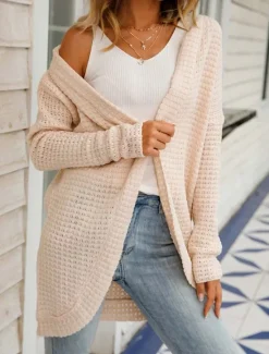 Women's Sweater Cardigan Daily Casual Solid Color Open Front Knitted Long Sleeve Long Tops Knit Home Work Khaki Light Grey Fall Winter Women Cardigans & Outerwears