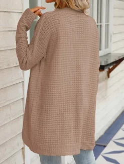Women's Sweater Cardigan Daily Casual Solid Color Open Front Knitted Long Sleeve Long Tops Knit Home Work Khaki Light Grey Fall Winter Women Cardigans & Outerwears