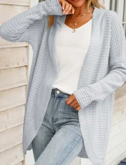 Women's Sweater Cardigan Daily Casual Solid Color Open Front Knitted Long Sleeve Long Tops Knit Home Work Khaki Light Grey Fall Winter Women Cardigans & Outerwears
