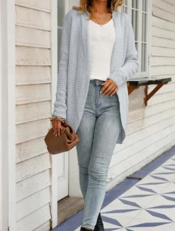 Women's Sweater Cardigan Daily Casual Solid Color Open Front Knitted Long Sleeve Long Tops Knit Home Work Khaki Light Grey Fall Winter Women Cardigans & Outerwears