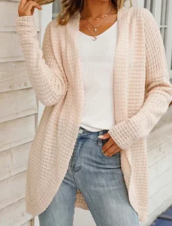 Women's Sweater Cardigan Daily Casual Solid Color Open Front Knitted Long Sleeve Long Tops Knit Home Work Khaki Light Grey Fall Winter Women Cardigans & Outerwears