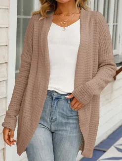 Women's Sweater Cardigan Daily Casual Solid Color Open Front Knitted Long Sleeve Long Tops Knit Home Work Khaki Light Grey Fall Winter Women Cardigans & Outerwears