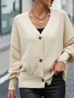 New Women's Sweater Cardigan Daily Casual Solid Color Shirt Collar Knitted Textured Long Sleeve Regular Tops Knit Home Work White Red Fall Winter Women Cardigans & Outerwears