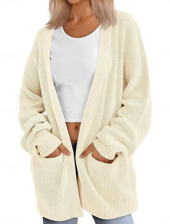 Discount Women's Sweater Cardigan Elegant Fashion Streetwear Pure Color Open Front Pocket Knitted Long Sleeve Regular Tops Knit Outdoor Daily Weekend Pink Brown Fall Winter Women Cardigans & Outerwears|Jackets