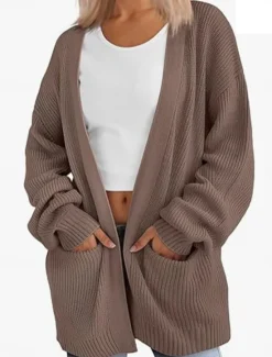 Discount Women's Sweater Cardigan Elegant Fashion Streetwear Pure Color Open Front Pocket Knitted Long Sleeve Regular Tops Knit Outdoor Daily Weekend Pink Brown Fall Winter Women Cardigans & Outerwears|Jackets