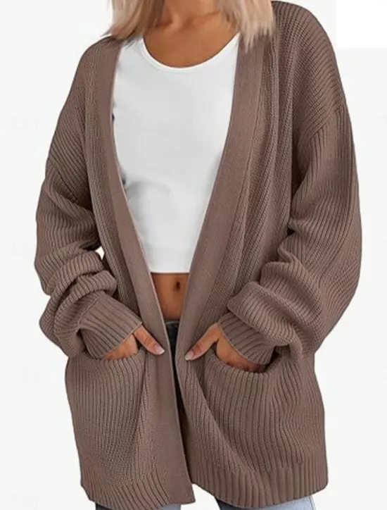 Discount Women's Sweater Cardigan Elegant Fashion Streetwear Pure Color Open Front Pocket Knitted Long Sleeve Regular Tops Knit Outdoor Daily Weekend Pink Brown Fall Winter Women Cardigans & Outerwears|Jackets