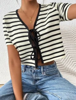 New Women's Sweater Cardigan Elegant Fashion Streetwear Striped V Neck Knitted Long Sleeve Regular Tops Knit Outdoor Daily Weekend Fall Winter Women Cardigans & Outerwears