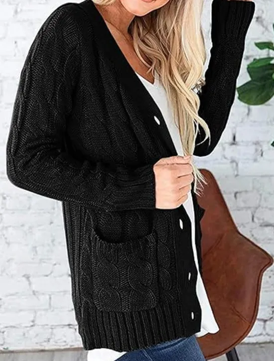 Best Women's Sweater Cardigan Elegant Fashion Streetwear Solid Color V Neck Pocket Knitted Long Sleeve Regular Tops Knit Outdoor Daily Weekend Black White Fall Winter Women Cardigans & Outerwears