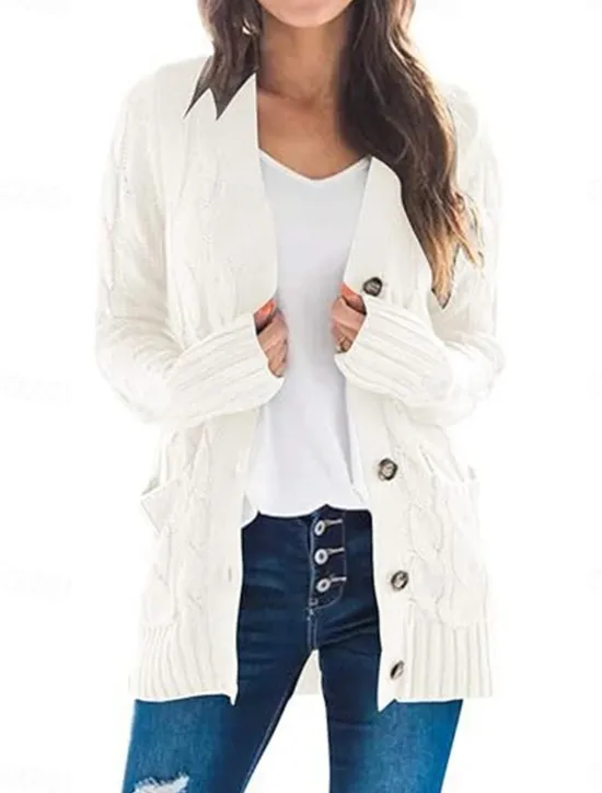 Best Women's Sweater Cardigan Elegant Fashion Streetwear Solid Color V Neck Pocket Knitted Long Sleeve Regular Tops Knit Outdoor Daily Weekend Black White Fall Winter Women Cardigans & Outerwears