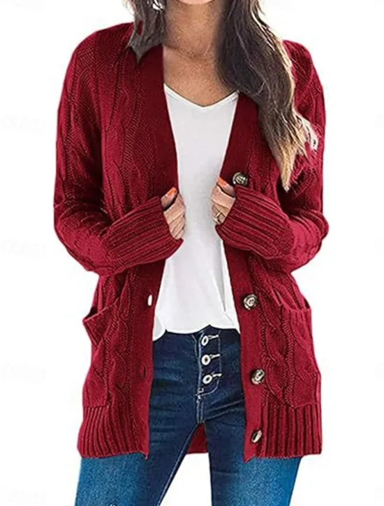 Best Women's Sweater Cardigan Elegant Fashion Streetwear Solid Color V Neck Pocket Knitted Long Sleeve Regular Tops Knit Outdoor Daily Weekend Black White Fall Winter Women Cardigans & Outerwears