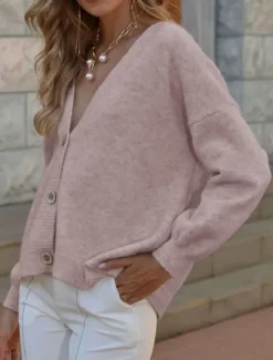 Sale Women's Sweater Cardigan Elegant Fashion Streetwear Pure Color V Neck Buttons Knitted Long Sleeve Regular Tops Knit Outdoor Daily Holiday Yellow Pink Fall Winter Women Cardigans & Outerwears