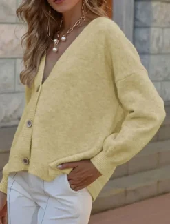 Sale Women's Sweater Cardigan Elegant Fashion Streetwear Pure Color V Neck Buttons Knitted Long Sleeve Regular Tops Knit Outdoor Daily Holiday Yellow Pink Fall Winter Women Cardigans & Outerwears