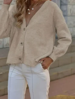 Sale Women's Sweater Cardigan Elegant Fashion Streetwear Pure Color V Neck Buttons Knitted Long Sleeve Regular Tops Knit Outdoor Daily Holiday Yellow Pink Fall Winter Women Cardigans & Outerwears