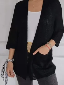Outlet Women's Sweater Cardigan Elegant Fashion Streetwear Pure Color V Neck Pocket Knitted Long Sleeve Regular Tops Knit Outdoor Daily Weekend Black White Fall Winter Women Cardigans & Outerwears