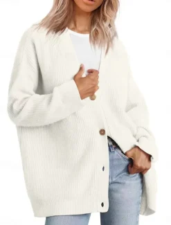 Outlet Women's Sweater Cardigan Elegant Fashion Streetwear Pure Color V Neck Pocket Knitted Long Sleeve Regular Tops Knit Outdoor Daily Weekend Black White Fall Winter Women Cardigans & Outerwears