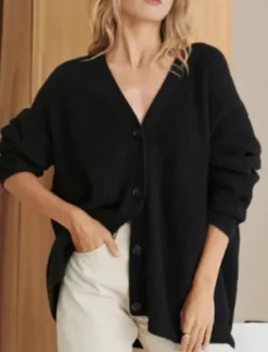 Outlet Women's Sweater Cardigan Elegant Fashion Streetwear Pure Color V Neck Pocket Knitted Long Sleeve Regular Tops Knit Outdoor Daily Weekend Black White Fall Winter Women Cardigans & Outerwears