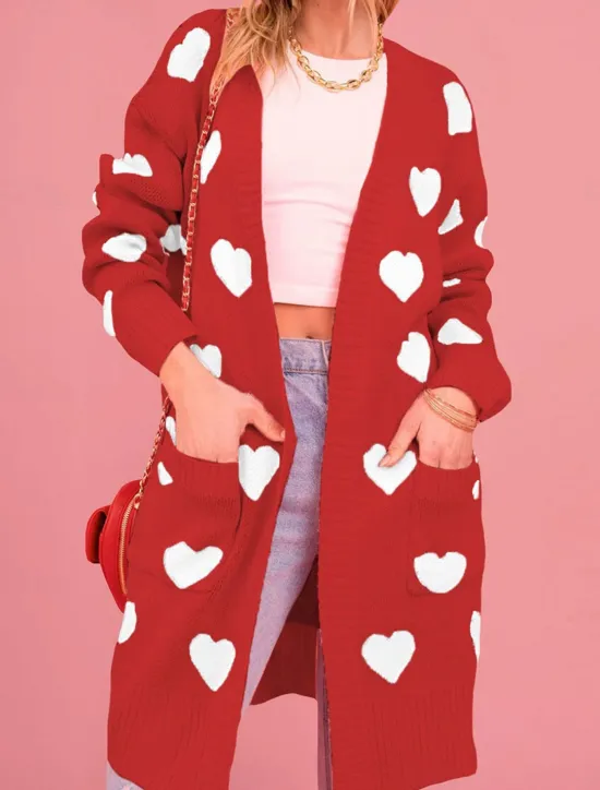 New Women's Sweater Cardigan Elegant Fashion Streetwear Heart Open Front Pocket Knitted Long Sleeve Regular Tops Knit Outdoor Daily Weekend Black Pink Fall Winter Women Jackets|Cardigans & Outerwears