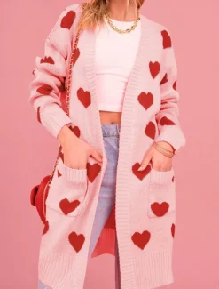 New Women's Sweater Cardigan Elegant Fashion Streetwear Heart Open Front Pocket Knitted Long Sleeve Regular Tops Knit Outdoor Daily Weekend Black Pink Fall Winter Women Jackets|Cardigans & Outerwears