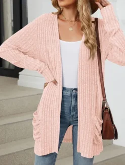 Online Women's Sweater Cardigan Elegant Fashion Streetwear Pure Color Open Front Pocket Knitted Long Sleeve Regular Tops Knit Outdoor Daily Weekend Pink Blue Fall Winter Women Cardigans & Outerwears