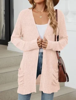 Online Women's Sweater Cardigan Elegant Fashion Streetwear Pure Color Open Front Pocket Knitted Long Sleeve Regular Tops Knit Outdoor Daily Weekend Pink Blue Fall Winter Women Cardigans & Outerwears