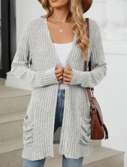 Online Women's Sweater Cardigan Elegant Fashion Streetwear Pure Color Open Front Pocket Knitted Long Sleeve Regular Tops Knit Outdoor Daily Weekend Pink Blue Fall Winter Women Cardigans & Outerwears