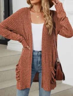 Online Women's Sweater Cardigan Elegant Fashion Streetwear Pure Color Open Front Pocket Knitted Long Sleeve Regular Tops Knit Outdoor Daily Weekend Pink Blue Fall Winter Women Cardigans & Outerwears