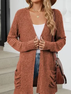Online Women's Sweater Cardigan Elegant Fashion Streetwear Pure Color Open Front Pocket Knitted Long Sleeve Regular Tops Knit Outdoor Daily Weekend Pink Blue Fall Winter Women Cardigans & Outerwears