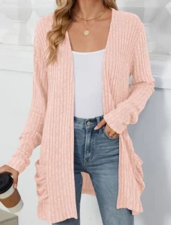 Online Women's Sweater Cardigan Elegant Fashion Streetwear Pure Color Open Front Pocket Knitted Long Sleeve Regular Tops Knit Outdoor Daily Weekend Pink Blue Fall Winter Women Cardigans & Outerwears
