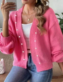 Hot Women's Sweater Cardigan Elegant Casual Soft Pure Color Ribbed V Neck Beaded Knitted Long Sleeve Regular Tops Knit Outdoor Daily Weekend Fall Winter Women Cardigans & Outerwears