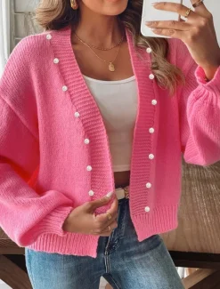 Hot Women's Sweater Cardigan Elegant Casual Soft Pure Color Ribbed V Neck Beaded Knitted Long Sleeve Regular Tops Knit Outdoor Daily Weekend Fall Winter Women Cardigans & Outerwears