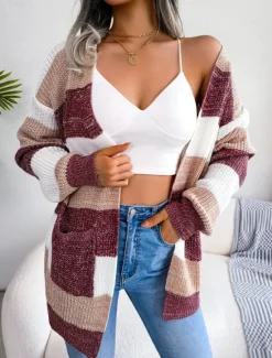 Hot Women's Sweater Cardigan Elegant Fashion Streetwear Striped Pure Color Open Front Knitted Long Sleeve Regular Tops Knit Outdoor Daily Weekend Black Wine Fall Winter Women Cardigans & Outerwears