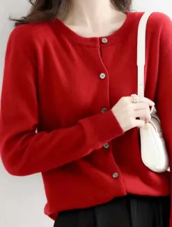 Discount Women's Sweater Cardigan Elegant Fashion Streetwear Pure Color Crew Neck Pocket Knitted Long Sleeve Regular Tops Knit Outdoor Daily Weekend Black White Fall Winter Women Cardigans & Outerwears