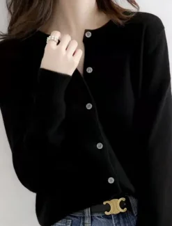 Discount Women's Sweater Cardigan Elegant Fashion Streetwear Pure Color Crew Neck Pocket Knitted Long Sleeve Regular Tops Knit Outdoor Daily Weekend Black White Fall Winter Women Cardigans & Outerwears