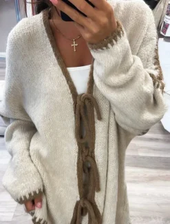 Outlet Women's Sweater Cardigan Elegant Fashion Streetwear Pure Color Open Front Pocket Knitted Long Sleeve Regular Tops Knit Outdoor Daily Weekend Pink Khaki Fall Winter Women Jackets|Cardigans & Outerwears