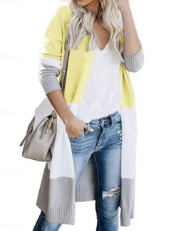 Women's Sweater Cardigan Elegant Fashion Streetwear Striped Open Front Pocket Knitted Long Sleeve Long Tops Knit Outdoor Daily Weekend Black Yellow Fall Winter Women Cardigans & Outerwears