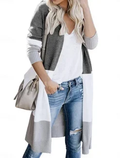 Women's Sweater Cardigan Elegant Fashion Streetwear Striped Open Front Pocket Knitted Long Sleeve Long Tops Knit Outdoor Daily Weekend Black Yellow Fall Winter Women Cardigans & Outerwears