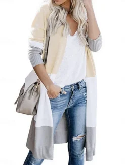 Women's Sweater Cardigan Elegant Fashion Streetwear Striped Open Front Pocket Knitted Long Sleeve Long Tops Knit Outdoor Daily Weekend Black Yellow Fall Winter Women Cardigans & Outerwears