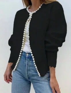 Outlet Women's Sweater Cardigan Elegant Fashion Streetwear Pure Color Crew Neck Beaded Knitted Long Sleeve Regular Tops Knit Outdoor Daily Weekend Fall Winter Women Cardigans & Outerwears