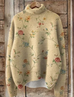 Sale Women's Sweater Cardigan Elegant Fashion Streetwear Floral Turtleneck Floral Buttons Knitted Long Sleeve Regular Tops Knit Outdoor Daily Weekend Yellow Navy Blue Fall Winter Women Cardigans & Outerwears|Pullovers & Tops