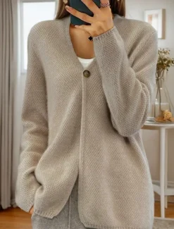 Women's Sweater Cardigan Sweater Jacket V Neck Knit Button Knitted Spring Fall Home Daily Weekend Elegant Daily Soft Long Sleeve Pure Color Camel Beige Women Cardigans & Outerwears