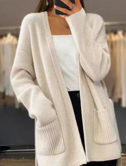 Discount Women's Sweater Cardigan Sweater Jacket V Neck Knit Lace up Pocket Knitted Drop Shoulder Spring Fall Home Daily Weekend Daily Casual Soft Long Sleeve Pure Color Camel Beige Women Cardigans & Outerwears