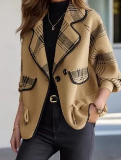 Outlet Women's Sweater Cardigan Sweater Jacket Shirt Collar Knit Patchwork Button Knitted Raglan Sleeves Spring Fall Daily Holiday Weekend Daily Stylish Casual Long Sleeve Plaid Color Block Black Women Blazers & Suits