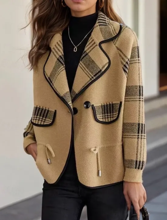 Outlet Women's Sweater Cardigan Sweater Jacket Shirt Collar Knit Patchwork Button Knitted Raglan Sleeves Spring Fall Daily Holiday Weekend Daily Stylish Casual Long Sleeve Plaid Color Block Black Women Blazers & Suits