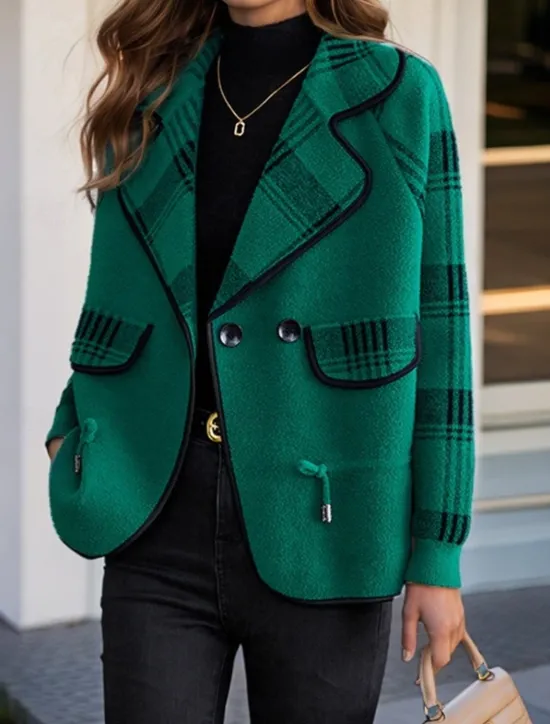 Outlet Women's Sweater Cardigan Sweater Jacket Shirt Collar Knit Patchwork Button Knitted Raglan Sleeves Spring Fall Daily Holiday Weekend Daily Stylish Casual Long Sleeve Plaid Color Block Black Women Blazers & Suits